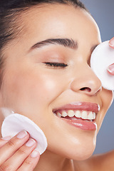 Image showing Skincare, cotton pad and asian woman in studio for makeup removal, toner or hydration on grey background. Face, beauty and asian lady wellness model with facial swab for cleaning or glowing skin