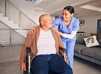 Image showing Nurse, smile and man with disability in wheelchair for medical trust, nursing therapy and support at home. Happy patient, caregiver and woman in healthcare, rehabilitation service and retirement help