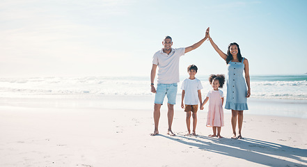 Image showing Support, beach and portrait of parents and children on holiday, quality time and vacation in nature. Happy family, travel and mother, father and kids relax by ocean for love, shelter and childcare