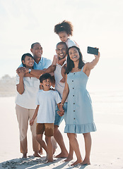 Image showing Selfie, beach and portrait of happy family on social media together at the sea or ocean for love, care and happiness. Internet, online and parents with children or kids and grandparents on a holiday