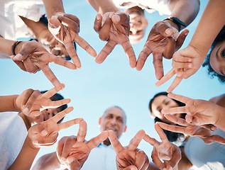 Image showing Peace, hands and people with star for team building, support and partnership from below. V sign, collaboration and group with finger emoji for teamwork, about us and faq, motivation or goal mission