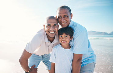 Image showing Grandfather, beach and portrait of father and boy on holiday, weekend and vacation in nature. Happy family, travel and grandpa, dad and child relax by ocean for bonding, quality time and having fun