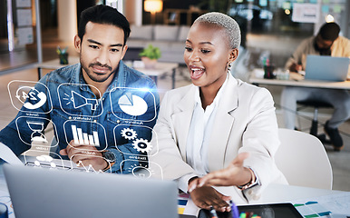 Image showing Business man, woman and laptop with hologram dashboard, app ux and web design for seo in startup office. Tech company, developer partnership and excited to show futuristic holographic ui on computer