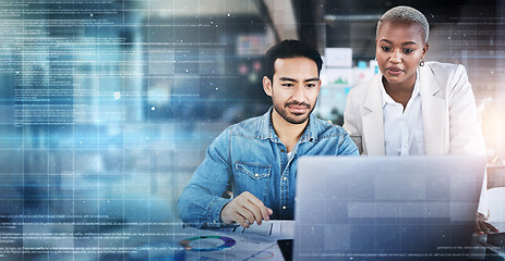 Image showing Laptop, mockup and overlay, man and woman in office with data, web technology and brainstorming. Meeting, workshop and problem solving, employees in collaboration with advice and online analytics.