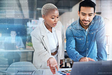 Image showing Laptop, coworking and overlay, man and woman in office with data, technology and brainstorming. Meeting, workshop and problem solving, employees in collaboration with advice and analytics on mockup.