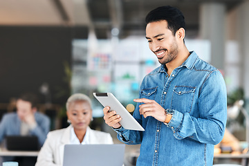 Image showing Tablet, digital and businessman typing online or employee happy for startup financial growth on a website or web. Smile, technology and worker working in the internet or writing a project or proposal