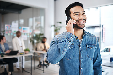 Image showing Happy man, deal or business developer on a phone call talking, networking or speaking of ideas in office. Smile, mobile communication or founder in conversation for a negotiation offer or planning