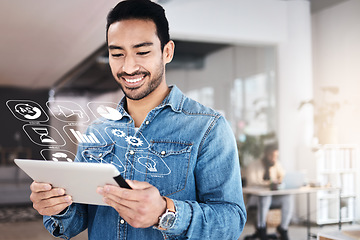 Image showing Tablet, hologram and web designer working on app software development for startup website, web or internet connection. Smile, technology and businessman typing graph statistics for an online proposal