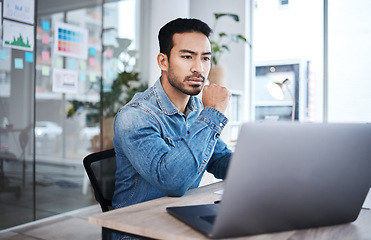 Image showing Thinking, laptop and man at desk reading email, website or research planning at design agency. Business, brainstorming and problem solving, employee in office checking online report at startup job.