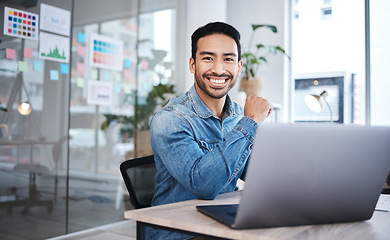 Image showing Portrait, business and man with a laptop, smile and connection with website information, advertising agency and career. Face, happy male person or ad agent with a pc, digital planning and copywriting