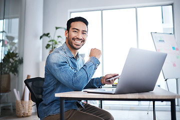 Image showing Business man, laptop and smile in startup office, web design or planning with pride for entrepreneurship. Asian businessman, pc or happy content creator for coding, programming or website development