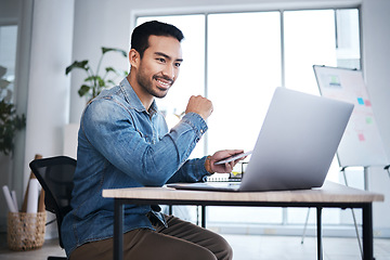 Image showing Thinking, laptop and happy man at desk reading email, online report or research planning at design agency. Business, brainstorming and computer, employee in creative office with internet and smile.