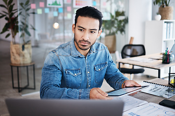 Image showing Thinking, reading and man at desk with online report, laptop and digital research planning at design agency. Business, documents and tablet, employee with email or internet search at tech startup job