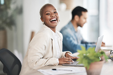 Image showing Portrait, employee and black woman with a laptop, funny and business with marketing expert, staff and planning. Face, female person or leadership with a pc, humor or review success with data analysis