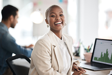 Image showing Portrait of happy woman at desk in coworking space with laptop, notes and work at design agency. Business, smile and data analysis on computer, African girl in office with confidence at startup job.