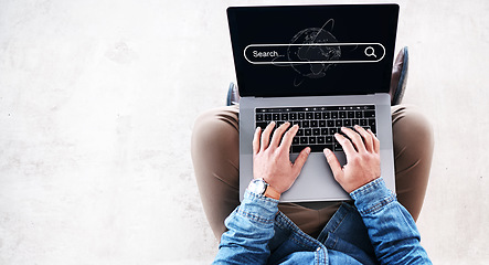 Image showing Laptop, search bar and hands of business man typing on browser for research, website and internet. Keyboard, iot and above of male person on computer homepage for information, knowledge and working