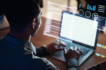 Image showing Hologram, programming and man with a laptop, code and typing with data software, stock market and analytics. Male person, programmer and developer with a pc, database and investment with a screen