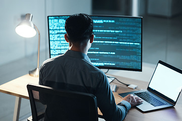 Image showing Office, programming and man with technology, code and typing with data analytics, cyber security and software update. Male person, programmer and developer with laptop, database and cloud computing