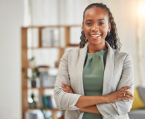 Image showing Portrait, black woman and smile with arms crossed in office for confidence, corporate pride and professional lawyer in Nigeria. Happy african female advocate working in company, law firm and business