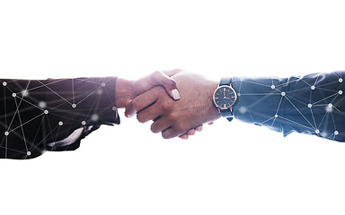 Image showing Handshake, connection overlay and agreement for business, deal or contract in tech company by white background. Closeup, shaking hands and partnership for digital transformation, it and b2b hiring