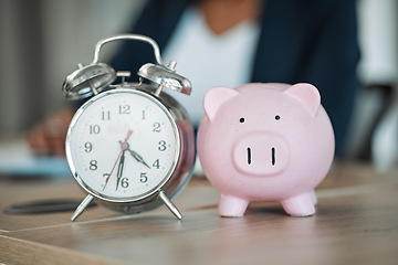 Image showing Piggy bank, clock or business person writing financial info or budget for savings or investment in office. Time management, reminder blur or professional worker with notes for insurance or taxes