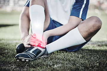 Image showing Injury, soccer player or hand of a man on foot pain, emergency or accident in fitness training. Sports, problem or football athlete with muscle inflammation, broken leg or swollen ankle on field