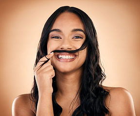 Image showing Hair, mustache and portrait of woman in studio for wellness, salon aesthetic and healthy style. Haircare, hairdresser and face of female person with funny pose for natural beauty, texture and keratin