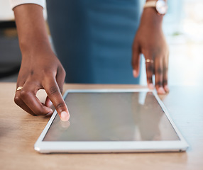 Image showing Mockup, digital tablet and business woman with hand on screen in office for design, research or app development closeup. Finger, search and lady with space display for menu, survey or email marketing