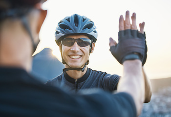 Image showing Man friends, cycling and high five for teamwork, goal and success with winning, motivation and race in Cape Town. Cyclist team building, support and solidarity with smile, hands and happy for workout