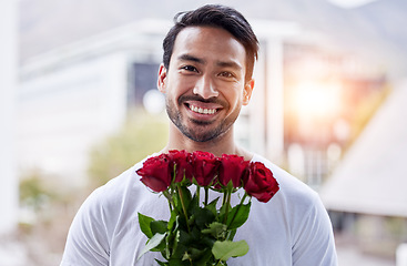 Image showing Smile, portrait and man with bouquet of roses for date, romance and hope for valentines day. Love confession, romantic gift and happy male holding flowers outside in city for proposal or engagement.