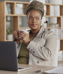 Image showing Thinking, coffee and business black woman with laptop at desk for brainstorming, strategy and planning. Corporate, ideas and female person relax in workplace with beverage, caffeine and tea on break
