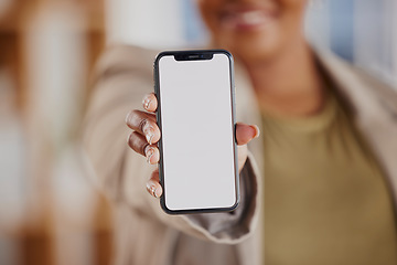 Image showing Phone screen, mockup and hands of business person on mobile app, ux design or website space. Closeup of worker with presentation of smartphone tech, mock up and advertising contact of digital ui data