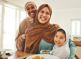 Image showing Food, happy and muslim with portrait of big family at table for eid mubarak, Islamic celebration and lunch. Ramadan festival, culture and iftar with people at home for fasting, holiday and religion