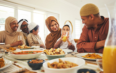 Image showing Food, love and muslim with big family at table for eid mubarak, Islamic celebration and lunch. Ramadan festival, culture and iftar with people eating at home for fasting, islam and religion holiday