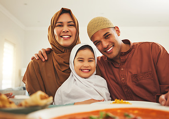 Image showing Food, happy and muslim with portrait of family at table for eid mubarak, Islamic celebration and lunch. Ramadan festival, culture and iftar with people eating at home for fasting, religion or holiday