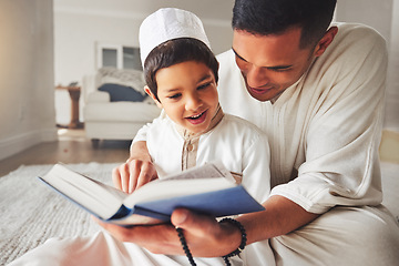 Image showing Quran, Muslim dad or happy child praying for worship, muslim pray and faith in Allah, god or holy spirit. Child development, home family or Islam father teaching boy, study and reading spiritual book