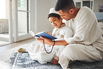 Image showing Quran, Muslim and father and happy kid praying to Allah, god or holy spirit for Arabic religion, faith and reading spiritual book. Prayer beads, home family study and Islamic dad teaching youth child