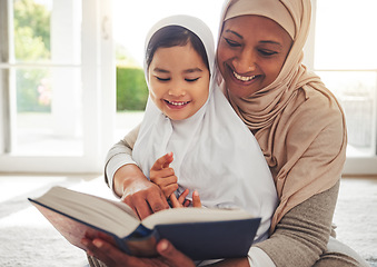 Image showing Quran, Muslim child or happy grandmother reading for learning, Islamic knowledge and hope in Allah, god or culture. Religion book, home or senior Arab woman teaching kid worship, respect or gratitude