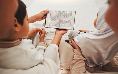 Image showing Quran, Muslim children and parents reading, learning and help kids with religion prayer, Islamic study and faith in Allah. Spiritual book, home or people teaching, support and youth child pray to God