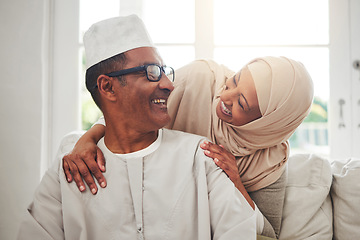 Image showing Home portrait, Muslim and elderly couple laughing at funny conversation, humour and care in retirement, bonding or marriage. Happiness, Love or Islamic man, woman and senior people laughing at comedy