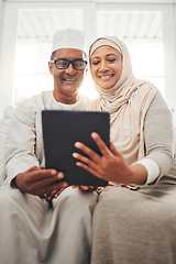 Image showing Tablet video call, Muslim and happy elderly couple talking, speaking and on online communication. Global networking, Islam home and Arab man, woman or senior people consulting on virtual conversation