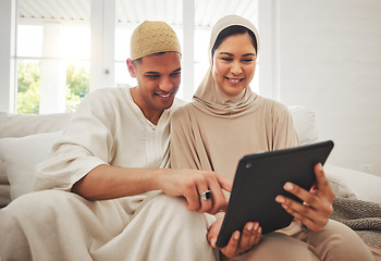 Image showing Love, Muslim or elderly couple reading tablet information, online shopping or scroll on social media app. Streaming media, Islamic home or Arab man, woman and happy senior people watch internet video