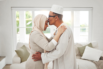 Image showing Home, Muslim or senior couple kiss, slow dance and bond for love, trust and care in retirement, support or marriage. Romance, Islamic or Arab man, woman and elderly people together for quality time