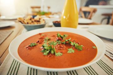 Image showing Food, Eid Mubarak and closeup of soup at table for Islamic celebration, festival and lunch together. Ramadan, religion and gourmet meal, fine dining and cuisine for fasting, holiday and culture