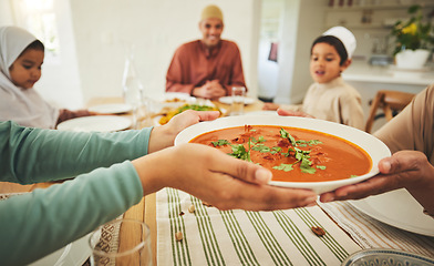 Image showing Food, curry and muslim with hands of family at table for eid mubarak, Islamic celebration and lunch. Ramadan festival, culture and iftar with closeup of people at home for fasting, islam or religion