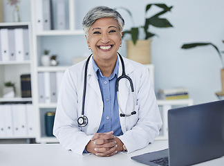 Image showing Doctor, portrait and woman in healthcare office for consultation, support and services, planning or advice. Happy face of medical worker or senior person for health insurance in clinic or hospital