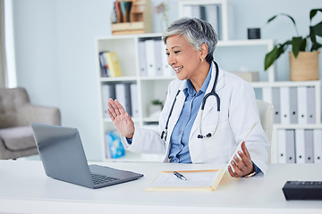 Image showing Video call, doctor and woman for online meeting, virtual support or clinic and healthcare service on computer. Happy medical worker or senior person on laptop for telehealth help and advice in office