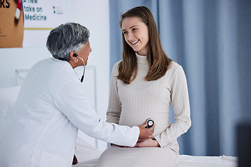 Image showing Stethoscope, pregnant woman and doctor in hospital consultant, gynecology services and listening for baby. Mother stomach, abdomen and pregnancy with medical gynecologist or people for clinic support