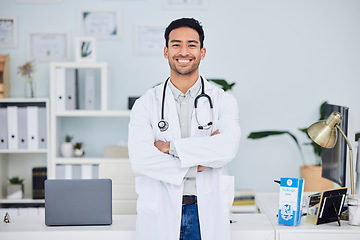 Image showing Happy asian man, doctor and arms crossed in confidence of healthcare consultant at the office. Portrait of confident and male person or medical professional ready for health consultation or advice