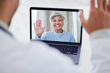 Image showing Video call, screen and doctor for virtual support, clinic consultation and healthcare service on laptop. Happy senior patient, medical worker or people wave hello on laptop, telehealth help or advice